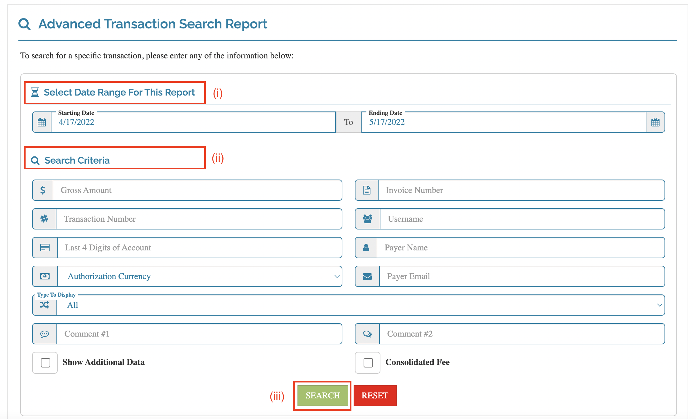 ZHealth Pay Advanced Transaction Search Report